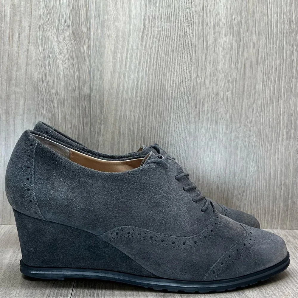 Ellen Tracy Booties Womens Sz 9.5M Active Tobin Wingtip Wedge Lace Up Suede Gray - Picture 2 of 12